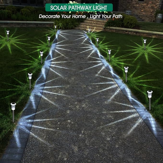 Eyrosa Solar Outdoor Lights, 10 Pack Waterproof Stainless Steel Solar Stake Lights for Pathway Garden Yard Path Walkway Driveway Lawn Patio Outside Decor, Cool White