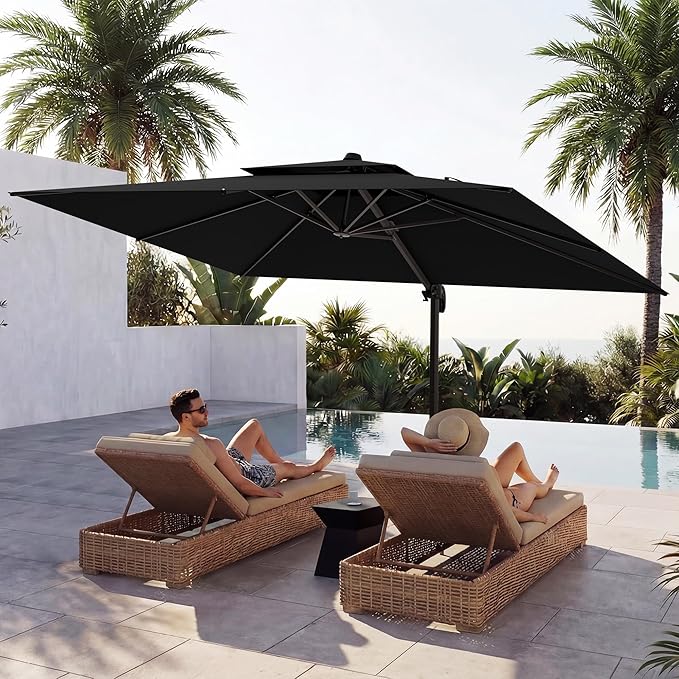 10x13 FT Patio Cantilever Umbrella (Base Not Included) (Base Not Included), Rectangular Heavy Duty Offset Umbrella for 8-10 People, 360°Rotation & Mult Tilt, Double Top Design, for Pool Garden Deck (Black)