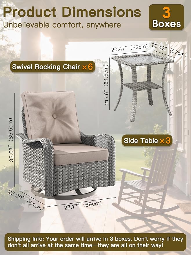 9-Piece Patio Furniture Set, Outdoor Swivel Rocking Chairs with 4" Thick Cushions & Side Table, All-Weather PE Rattan & Rust-Resistant Steel Frame Conversation Set for Porch, Garden, Backyard, Beige