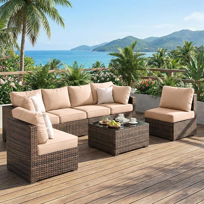 7 Piece Patio Furniture Set, Outdoor Wicker Sectional Sofa - All Weather High Backrest PE Rattan Couch Conversation Set with Cushion & Glass Top Table for Backyard Deck (Beige, L-7 pcs w/Glass Table)