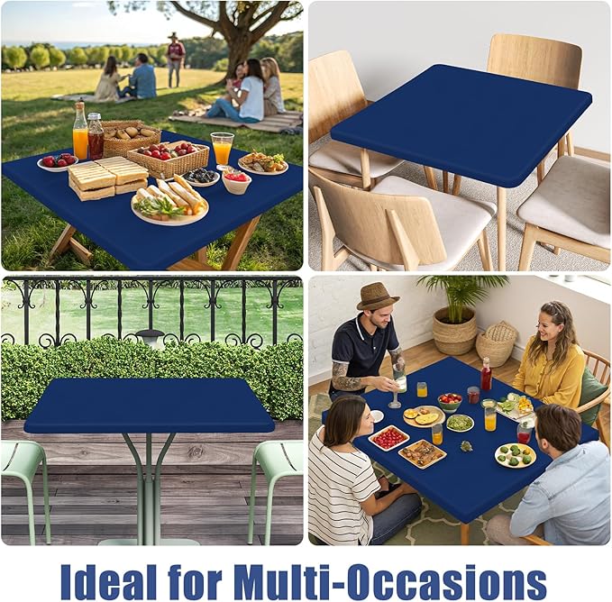 Moosfor Spandex Picnic Table Cloth 2 Pack, Elastic Fitted Tablecloths for Square Tables, Stretch Washable Patio Table Cover for Outdoor, Camping, Banquet and Parties (Navy, 34"x34")