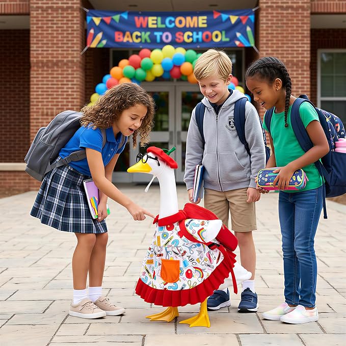 4 Pcs Back to School Porch Goose Outfits, Classroom Student Goose Clothes Set Includes Hat Skirt Backpack and Glasses, Funny School Goose Costume for 23"H Statue Outdoor Garden Yard Patio Lawn Decor
