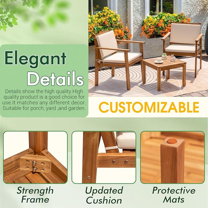 Greesum Outdoor Patio Furniture, 3 Piece Bistro Sofa Set with 1 Coffee Table and 2 Chairs, Acacia Wood Conversation Sets with Cushions, for Garden, Backyard, Poolside, White