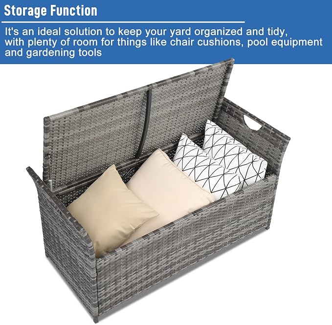 33 Gallon Rattan Wicker Deck Box Bench,Large Indoor/Outdoor Waterproof Storage Cabinet,Resin Rattan Patio Storage Bin,Outside Wicker Storage Container,with Cushion,for Yard Pool Garden Porch (Gray)