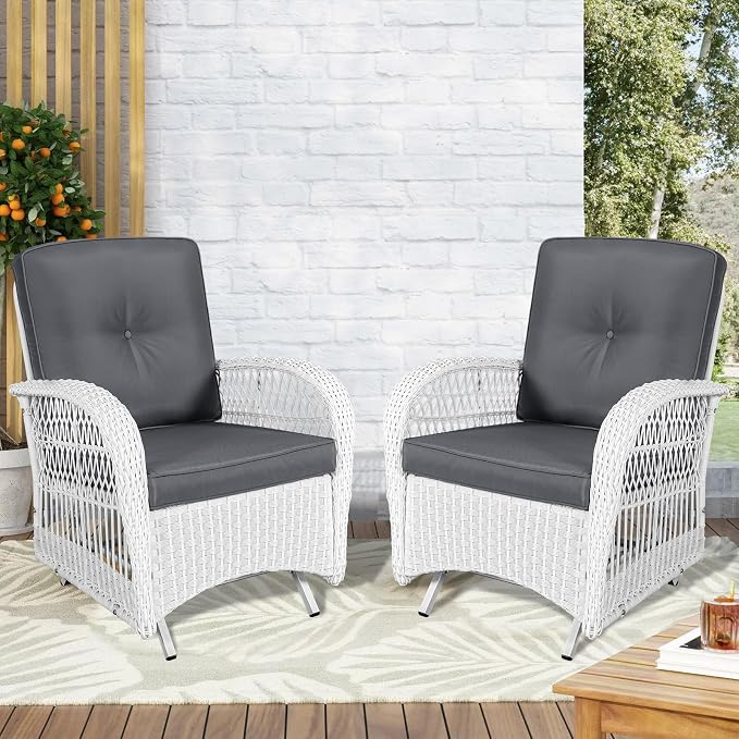 VIVIJASON 2-Piece Outdoor White Wicker Glider Rocking Chair, Patio Rattan Swing Glider Chairs with Cushions & Steel Frame, All-Weather Gliding Lawn Wicker Furniture for Garden Backyard Porch, Grey