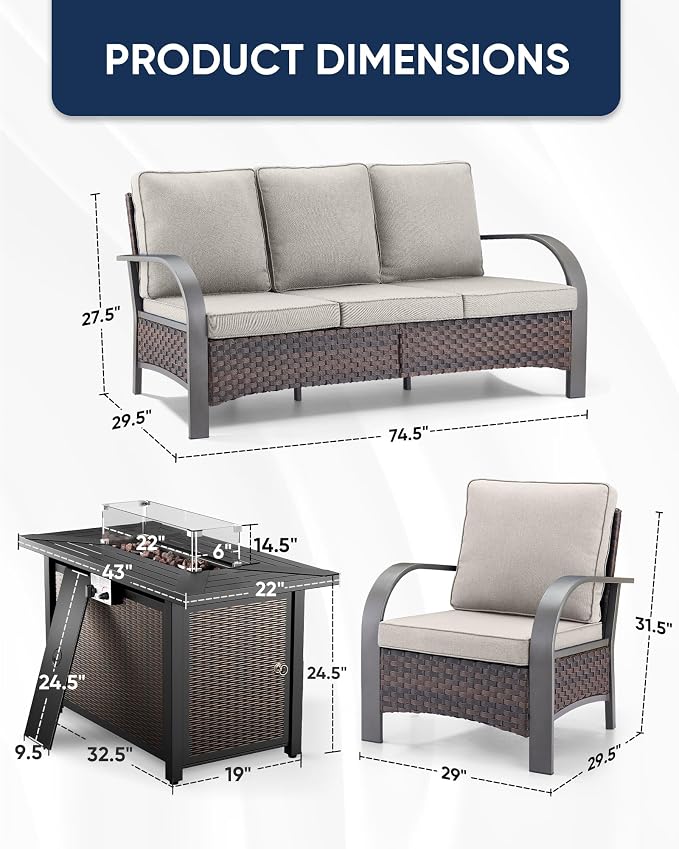 HUMMUH Wicker Patio Furniture Set with Fire Pit-Outdoor Wicker Chairs Set of 2 with Outdoor Patio Couch Outdoor Furniture Sets for Deck Porch Garden Poolside Backyard-Brown/Beige