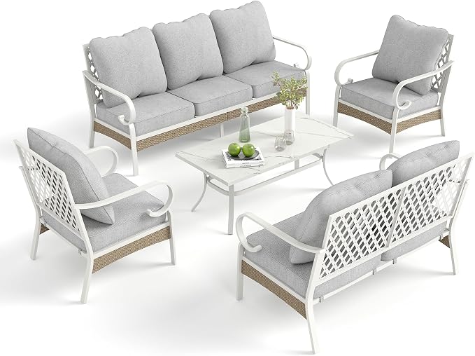 MIXPATIO 5 Piece Patio Furniture Set, 2 x Fixed Chair, 1 x 2-Seat Sofa, 1 x 3-Seat Sofa with Marbling Coffee Table, 7 Seats Outdoor Conversation Set for Lawn Garden Backyard, Light Gray