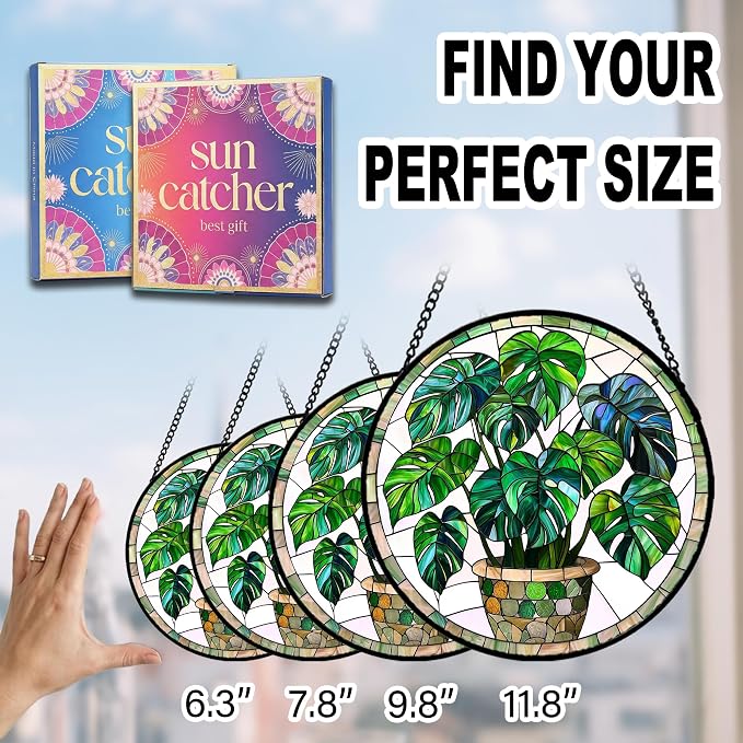 Birthday Gifts for Women - Green Monstera Plant Faux Stained Glass Window Hanging Sun Catcher for Door Garden Acrylic Decor Mother's Day Christmas for Mom Nana Grandma Sisters Wife 9.8"