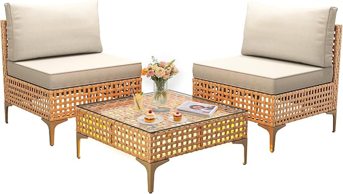 YITAHOME Wicker Patio Furniture Set 3 Pieces Outdoor Sectional Sofa with Solar Light Table Outdoor Couch with Waterproof Cushions All-Weather Rattan Patio Conversation Set for Indoor/Outdoor