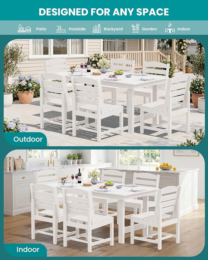 SERWALL Armless Outdoor Dining Chair Set of 2, All Weather Resistant, White | Armless Dining Chairs built to last with 330 lb capacity. Compact 24.6"Dx19.3"Wx33.6"H. Weatherproof & easy to clean.