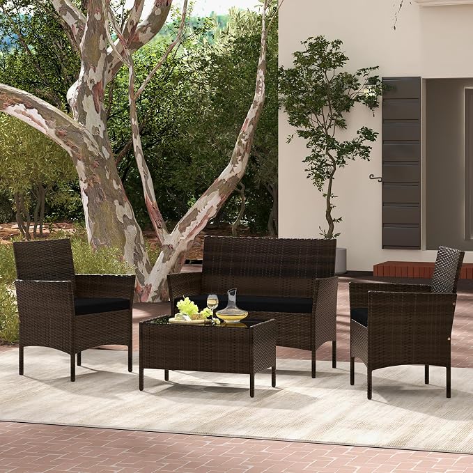 Tangkula 8 Piece Patio Rattan Conversation Set, Outdoor Wicker Furniture Set with Chair, Loveseat & Tempered Glass Table, Cozy Seat Cushions, Outside Sectional Sofa Set for Backyard, Porch (1,Black)