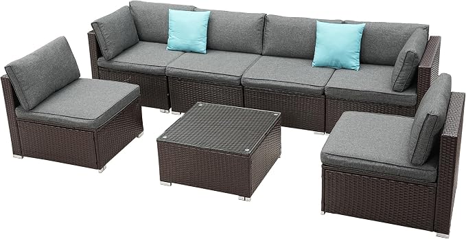 7 Piece Outdoor Sectional Outdoor Patio Furniture Set, Outdoor Patio Furniture Set with Coffee Table, Sectional Couch Sofa with Cushions, Wicker Outdoor Conversation Set for Backyard & Garden, Beige