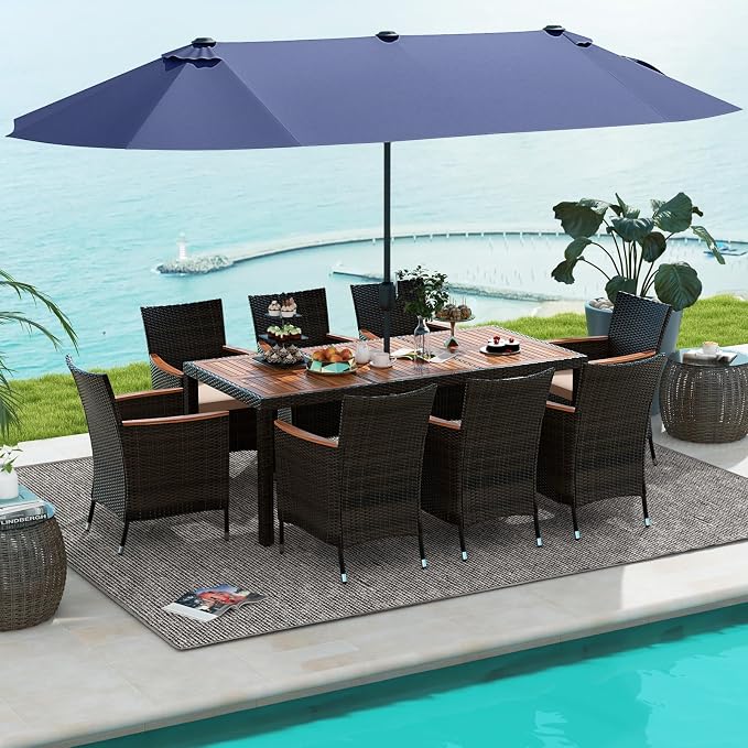 Tangkula 11 Pieces Patio Dining Set with 15ft Double-Sided LED Patio Umbrella (Base Included), Outdoor Rattan Furniture Set with 8 Stackable Chairs, Acacia Wood Dining Table and Umbrella (Navy)