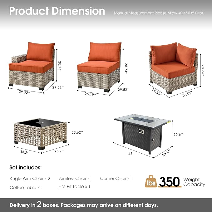 Outdoor Sectional Patio Furniture Set with Fire Pit,7 Pieces Rattan Conversation Sets,Out Door L Shaped Furniture with Glowing Coffee Table,Orange Red