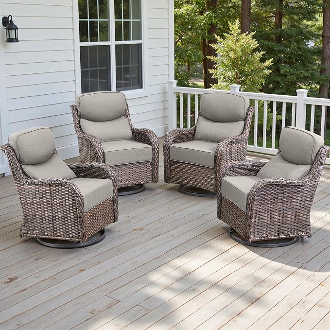 Rilyson Outdoor Swivel Rocker Chairs - All Weather Resistant Wicker Patio Furniture Set of 4 with High Back and 6 inch Thick Cushions for Deck Porch Yard and Poolside, Brown/Beige