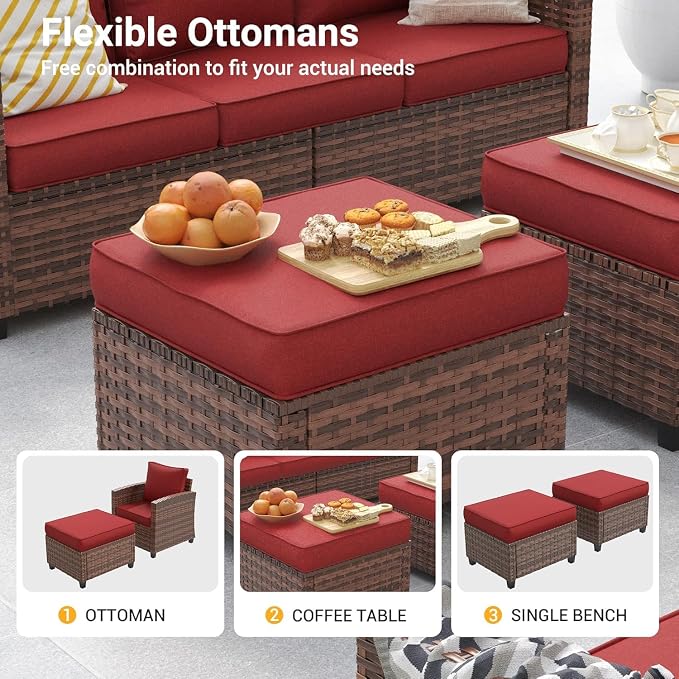 7 Pcs Outdoor Furniture with 44" Fire Pit Table, Rattan Patio Conversation Sets with Swivel Chair, Gas Fire Pit, Ottomans, Side Table, 4" Thick Cushion, for Backyard Garden Deck,Wine Red