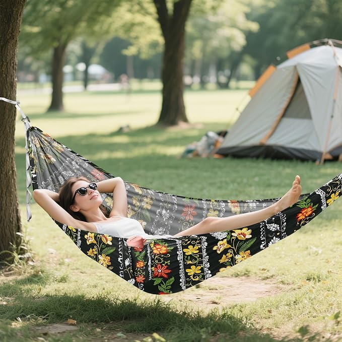 Camping Hammock Outdoor Hammocks for Outside Black Floral Beach Trees Portable Lightweight with Pockets Tree Straps Indoor