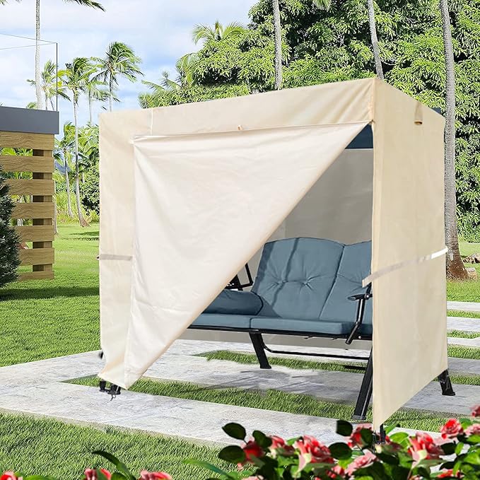 Ourdoor Swing Cove,2 Triple Seater Hammock Cover Garden Swing Cover Garden Hammock Glider Chair Cover Outdoor Swing Cover UV Resistant Swing Canopy Cover (65 * 49 * 66 in) Beige