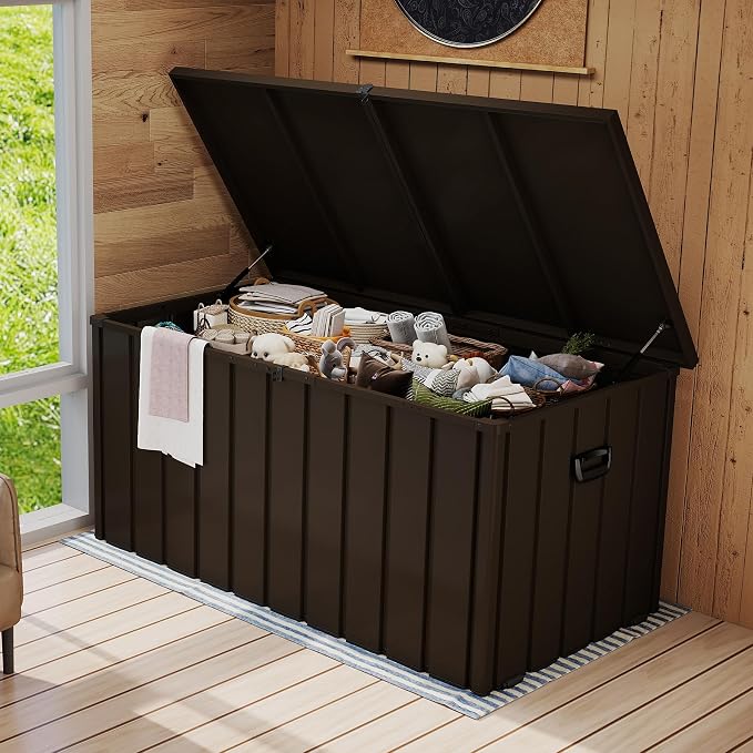 Domi 200 Gallon Metal Deck Box, Waterproof Outdoor Storage Box with Lockable Lid, Large Pool Storage Cabinet for Patio Furniture Garden Tools Pool-Supplies, Brown