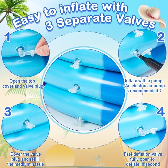 VioraWhite 4 Pack Inflatable Kiddie Pool for Toddlers 34"x10" Blue Stripe Blow up Kids Swimming Pool Small 3 Rings Round Baby Pools for Indoor Outdoor Water Game Play Center