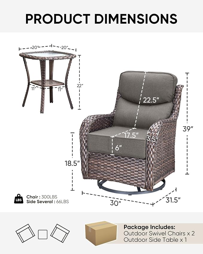 HUMMUH Outdoor Patio Wicker Swivel Rocker Chairs with 6-Inch Thick Cushion High Back 3 PCS Wicker Conversation Set for Porch Balcony Deck