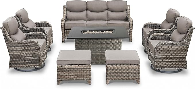 Luxury Patio Furniture Set with Fire Pit Table-8 Pieces All Weather Outdoor Swivel Rocker Chairs with Sofa and Ottomans. Outdoors Patio Conversation Sets for Porch Deck Garden Backyard(Grey/Grey)