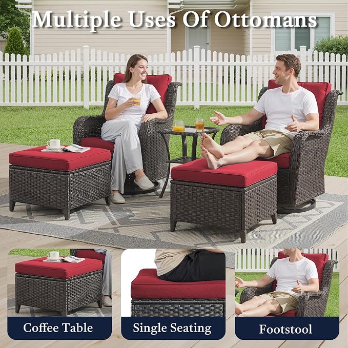 Outdoor Patio Furniture Set-5 Piece Outdoor Swivel Rocker Chairs with Ottomans Patio Furniture Set for Deck Balcony Poolside Backyard-Brown/Red