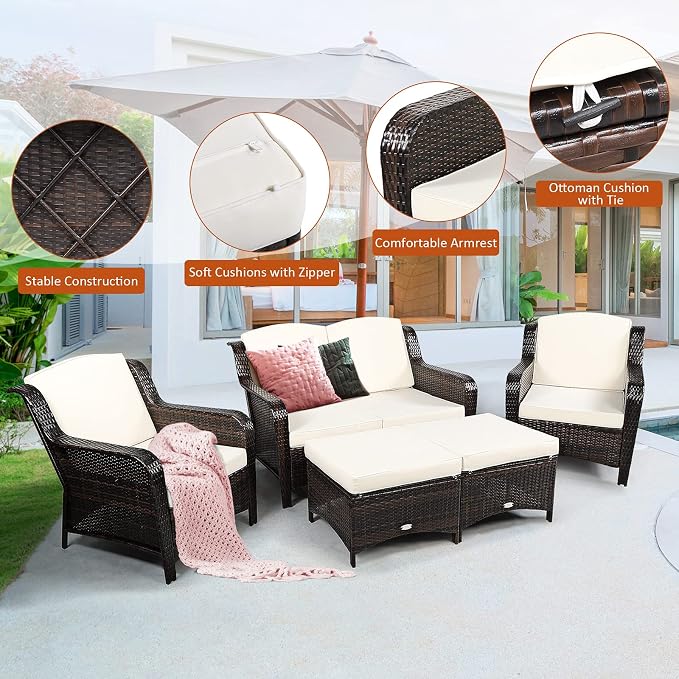 COSTWAY 5PCS Patio Wicker Rattan Furniture Set, Loveseat Sofa with Ottomans and Cushioned Chairs, Conversation Sets for Outdoor Garden Backyard