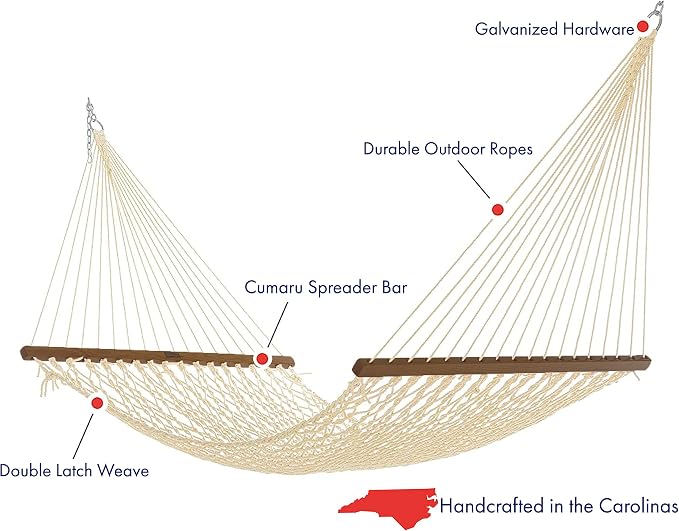 Nags Head Hammocks Captain Oatmeal Duracord Rope Hammock with Free Extension Chains & Tree Hooks, Handcrafted in The USA, Accommodates 2 People, 450 LB Weight Capacity, 13 ft. x 55 in.