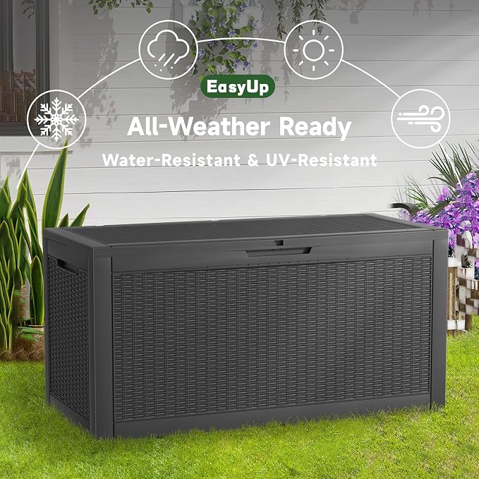 EasyUp 120 Gallon Outdoor Storage Box Waterproof, UV Resistant Resin Deck Box with Hydraulic Rod, Reinforced Stability for Patio, Garden, Rattan Black