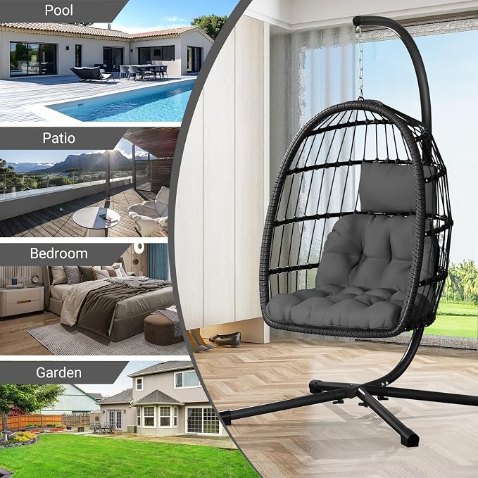 CHABATREE Egg Chair with Stand,Patio Rattan Wicker Hanging Swing Egg Chair Hammock Chair for Bedroom Porch Garden,Thickened Aluminum Alloy Steel Frame and UV Resistant Cushion,350LBS Capacity(Grey)