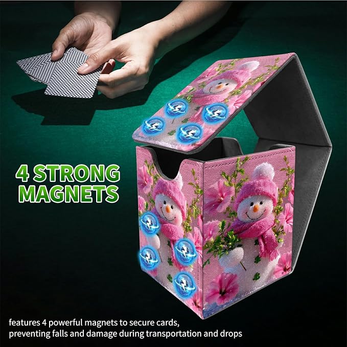 Pink Flower Snowman Card Deck Box for MTG, Personalized Card Storage Case Fits 120+ Sleeved Cards, Premium Leather TCG Box with Strong Magnetic Closure for Magic, CCG, PTCG, Baseball Cards