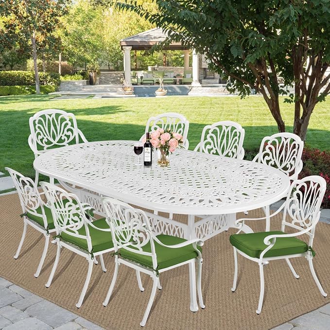 MEETWARM 9-Piece Outdoor Patio Dining Set, All-Weather Cast Aluminum Patio Conversation Set for Backyard Garden Deck with 1 Oval Table, 8 Outdoor Dining Cushioned Chairs, 2" Umbrella Hole, White