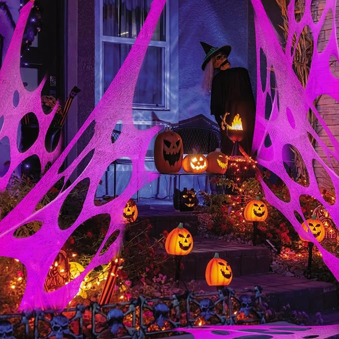 Glow in The Dark Pink 1000 Sqft Uncut Giant Spider Web Halloween Decorations Outdoor with 1 Black Light &10 Ground Nails Stretchy Beef Cloth Netting Cut-Your-Own for Yard Party