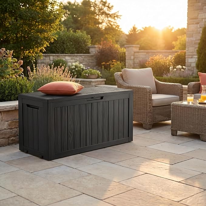 75 Gallon Outdoor Storage Box, Waterproof Resin Deck Box for Patio Cushions & Gardening Tools, Lockable Indoor/Outdoor Storage Bin, Sleek Black Design