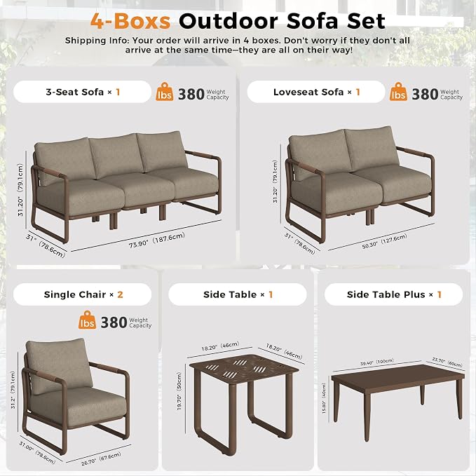 Outdoor Aluminum Patio Furniture Set with with 6.5" Thick Cushions,9-Piece Outdoor Sectional Conversation Set with Coffee Tables,All-Weather Patio Set for Backyard & Deck,Brown