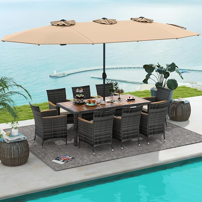 Tangkula 10 Pieces Patio Wicker Dining Set w/Double-Sided Patio Umbrella, Outdoor Acacia Wood Furniture Set w/ 8 Armchairs, 71” Dining Table & 15 ft Umbrella with Weighted Base (Coffee)