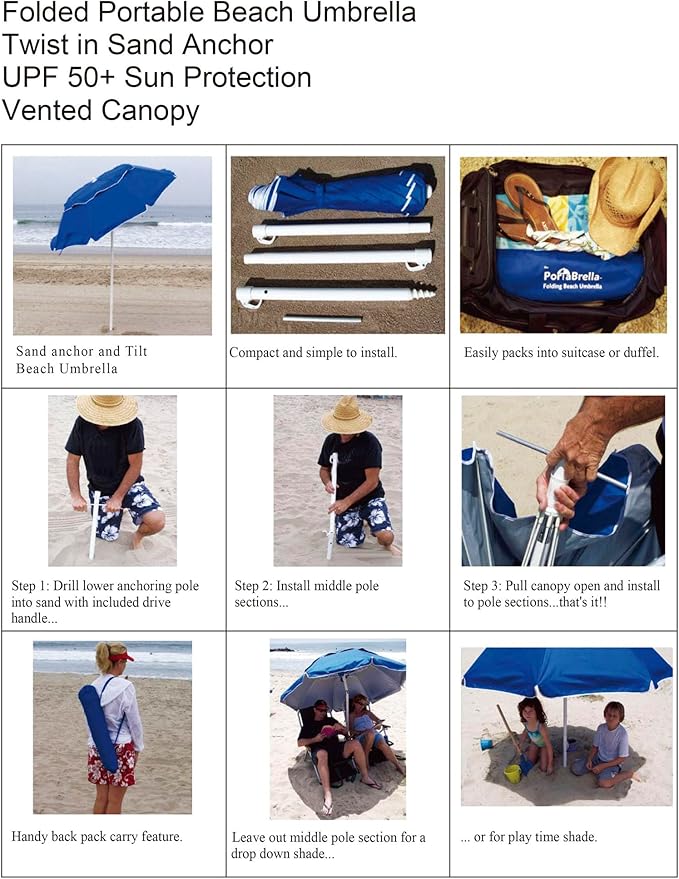 6.5ft folded Portable beach umbrella with sand anchor windproof, Push Button Tilt and Air vent UPF 50+ Protection Fits in a large Suitcase for Patio Garden Beach Pool Backyard, Blue White Stripe