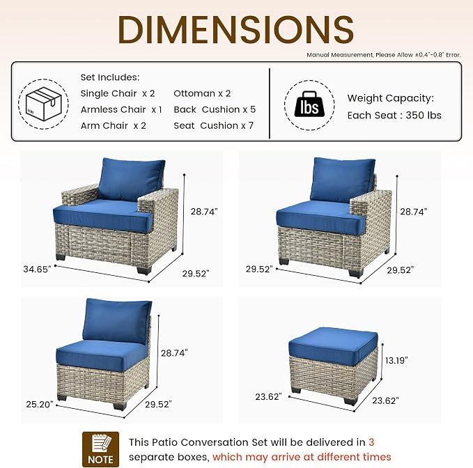 CAODOC Patio Furniture Sets 7 Pieces Outdoor Sectional Rattan Sofa Manual Weaving Wicker Patio Conversation Set with Ottomans and T Cushion(Blue)