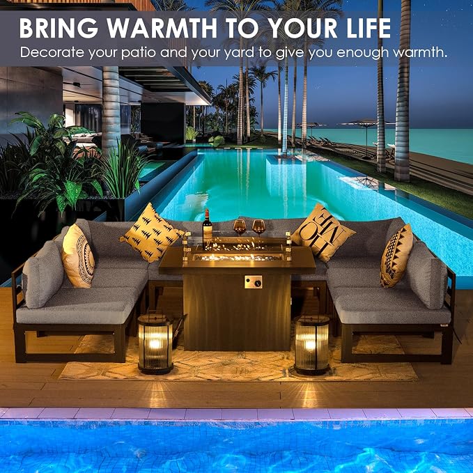 RADIATA 9 Piece Oversized Modular Outdoor Furniture Set with Fire Pit Table, 29 inch Deep Wide Sectional Seating, Heavy Duty Aluminum Frame for 500 lbs, Patio Conversation Set for Poolside, Light Gray