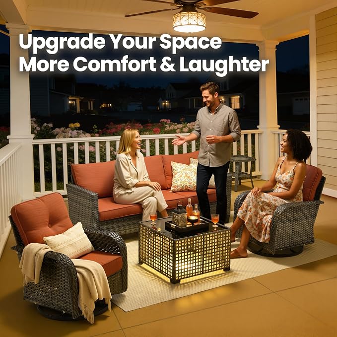 5 Piece Wicker Patio Furniture with Swivel Rocker Chair, Orange | High Back Swivel Rocker Chairs, All Weather Rattan Outdoor Sofa, Solar Lights Table, Modern Conversation Sets, Deck Backyard