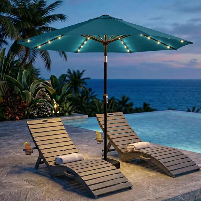 Kingdura 9FT Outdoor Patio Umbrella with Solar Lights, Market Table Umbrella with Push Button Tilt & Crank, 8 Sturdy Ribs, 32 LED Lights, UV Protection for Garden Lawn Deck Backyard Pool (Lake blue)