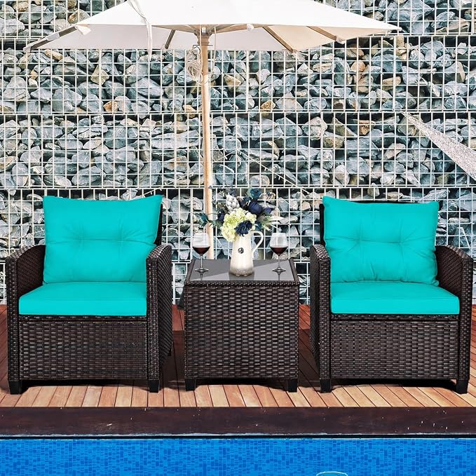 DORTALA Wicker Patio Furniture Set 3 Piece, Outdoor Table and Chairs with Tempered Glass Tabletop, Cushions, Small Rattan Conversation Sofa Set for Balcony, Porch, Backyard, Deck, Turquoise