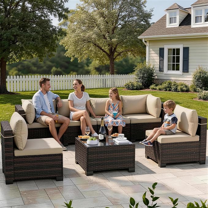 CHABATREE 7-Piece Outdoor Patio Furniture Sets, Manual Weaving Rattan Conversation Sectional Sofa with Tempered Glass Coffee Table, All-Weather PE Wicker & Thick Cushions for Garden, Backyard, Porch