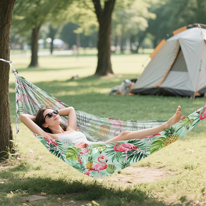 Camping Hammock Outdoor Hammocks for Outside Pink Flamingos Pineapple Beach Trees Portable Lightweight with Pockets Tree Straps Indoor