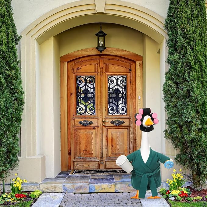 Shyyween Lady Porch Goose Outfit for 23 Inch Cement Plastic Statue Green Bathrobe Goose Clothes with Curlers Coffee Cup for Summer Lawn Garden Yard Patio Decor