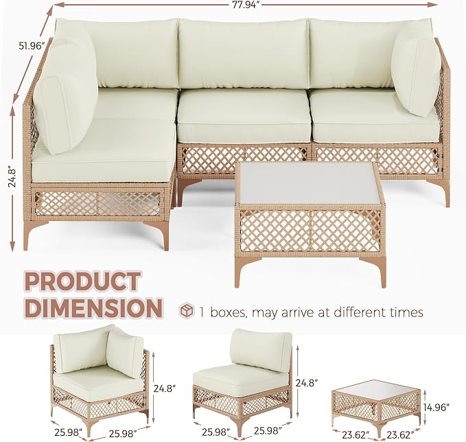 5-Piece Generous Patio Furniture Set, Wicker Outdoor Sectional Set with Large Tempered Glass Coffee Table, Boho Patio Conversation Couch Set with Thickened and Enlarged Cushion and Throw Cushion