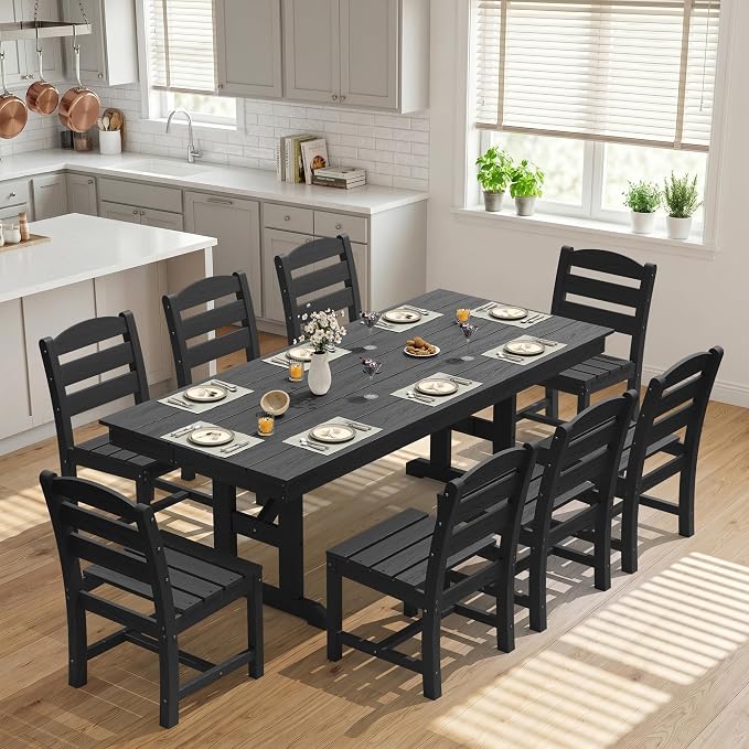 KINGYES 8-Seat Outdoor Patio Dining Set,84 inch HDPE Rectangular Table and Chairs Set,Waterproof Furniture Set with Umbrella Hole for Backyard,Black