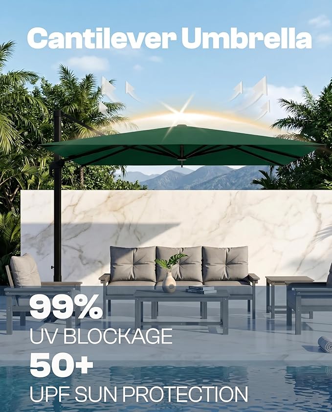 9x9 FT Square Cantilever Umbrella,Easy Tilt, Fade Resistant & 360° Rotation, Offset for Pool Deck Backyard Patiodark green (Base not Included)