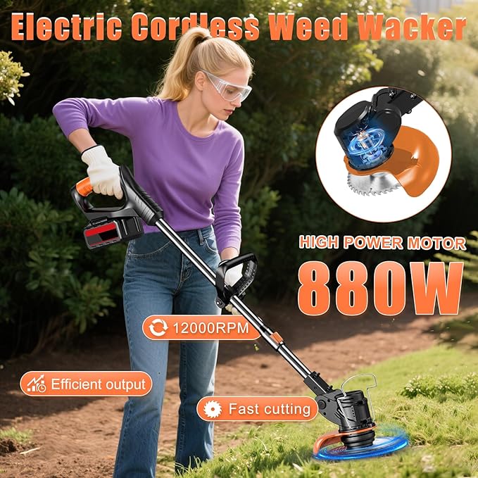Electric Weed Wacker String Weed Eater Cordless Grass Trimmer 21V Battery Powered String Trimmer with 2x2.0ah Battery and Charger Brush Cutter/Edger/Mower with 3 Types Blade for Garden Lawn(Black)